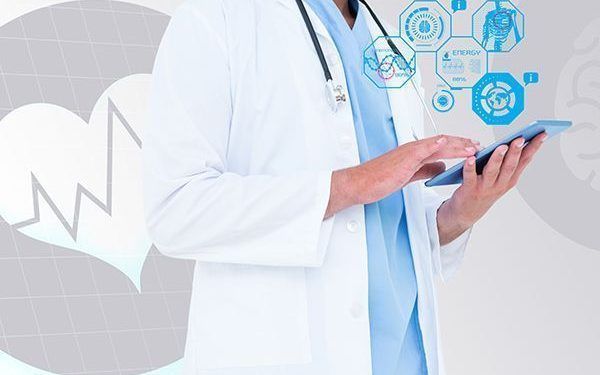 composite image of doctor using digital tablet