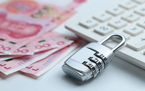 Financial security concept Password lock and banknotes on white background