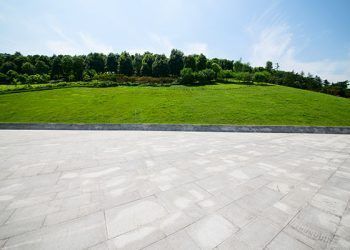 long empty footpath in modern city square with skyline