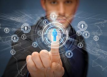business, technology, internet and social networking concept - businessman pressing button with contact on virtual screens