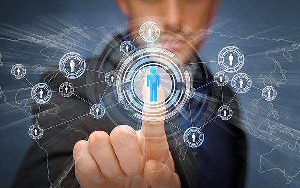 business, technology, internet and social networking concept - businessman pressing button with contact on virtual screens