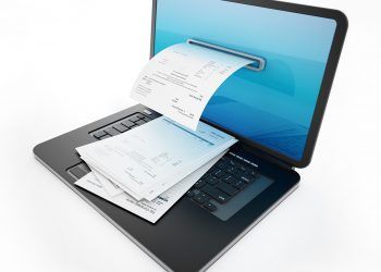 Fictitious payment receipt coming out of laptop screen. 3D illustration.