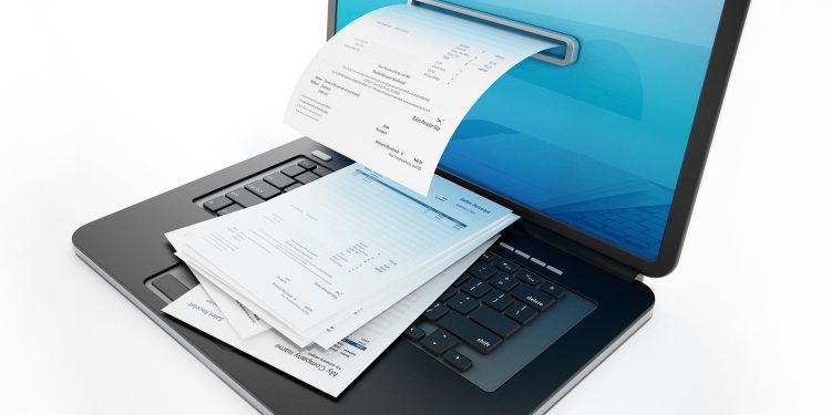 Fictitious payment receipt coming out of laptop screen. 3D illustration.