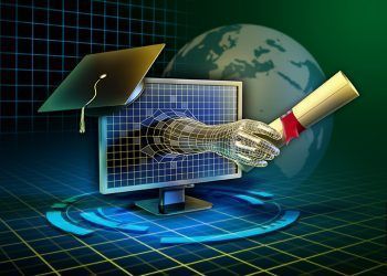 Android hand emerges from a monitor and delivers a diploma. Digital illustration.