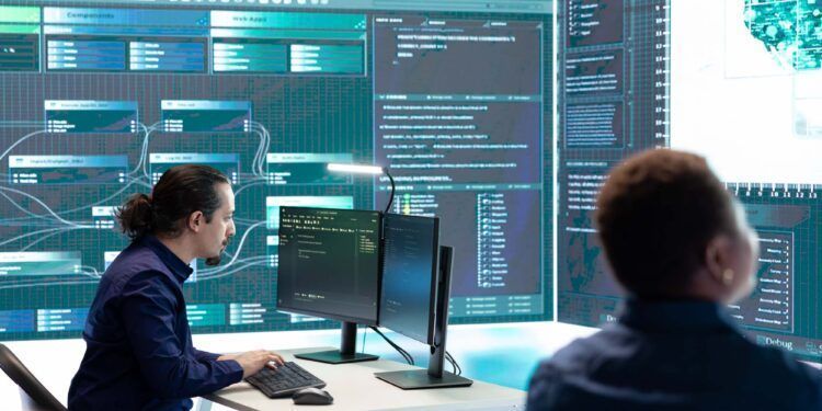 Governmental cyber defense team using advanced technology to secure information, cyber operations in high tech monitoring center. Working on data protection and threat detection.