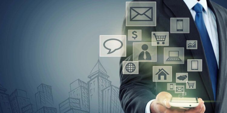 Modern communication technology mobile phone concept on high tech background