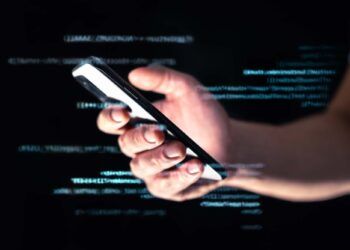 Phone scam, hack or fraud. Data hacker online with smartphone. Cell cyber scammer on darknet or internet. Phishing or cybersecurity threat with tech and web. Digital code technology. Using cellphone.