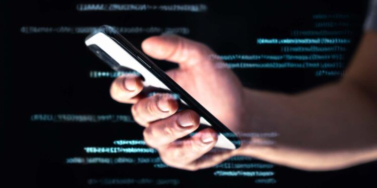 Phone scam, hack or fraud. Data hacker online with smartphone. Cell cyber scammer on darknet or internet. Phishing or cybersecurity threat with tech and web. Digital code technology. Using cellphone.