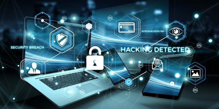 Antivirus interface over modern tech devices in dark background 3D rendering