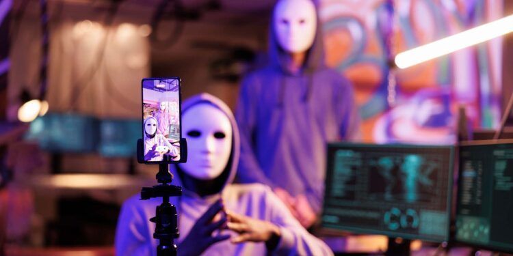 Mobile phone screen displaying anonymous hacker recording scam message. Internet criminals in masks and hoods live streaming on smartphone in abandoned warehouse at night