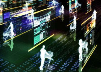 Computer graphic illustration about internet shopping in virtual world.