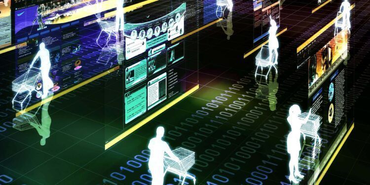 Computer graphic illustration about internet shopping in virtual world.