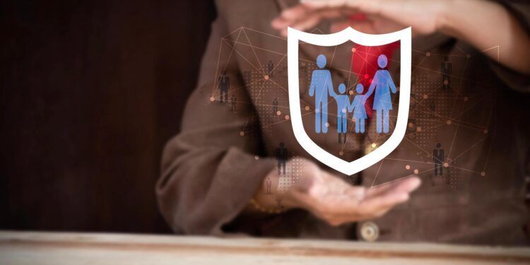 Businesswoman with protective gesture and family, life, health and house insurance icons. Insurance concept, Family life insurance and policy concepts.