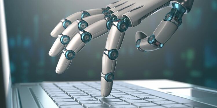 Robotic hand, accessing on laptop, the virtual world of information. Concept of artificial intelligence and replacement of humans by machines.