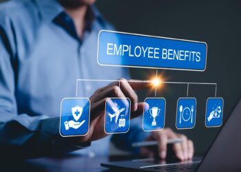 Employee Benefits and Compensation Strategy Concept. Employee benefits options on digital interface. Icons various benefits such as healthcare, insurance, travel, awards, dining, and financial perks.