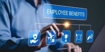 Employee Benefits and Compensation Strategy Concept. Employee benefits options on digital interface. Icons various benefits such as healthcare, insurance, travel, awards, dining, and financial perks.