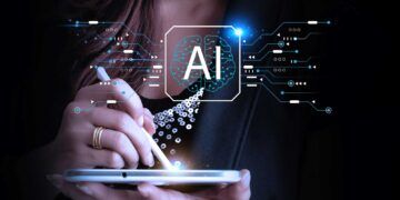 Businessman using tablet with Artificial intelligence AI icons on virtual screen of futuristic technology. AI network of brain on business analysis. chat bot.