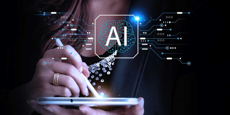 Businessman using tablet with Artificial intelligence AI icons on virtual screen of futuristic technology. AI network of brain on business analysis. chat bot.