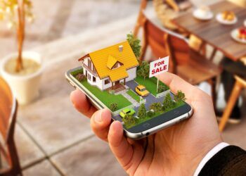 Smartphone application for online searching, buying, selling and booking real estate. Unusual 3D illustration of beautiful house on smartphone in hand