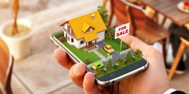 Smartphone application for online searching, buying, selling and booking real estate. Unusual 3D illustration of beautiful house on smartphone in hand